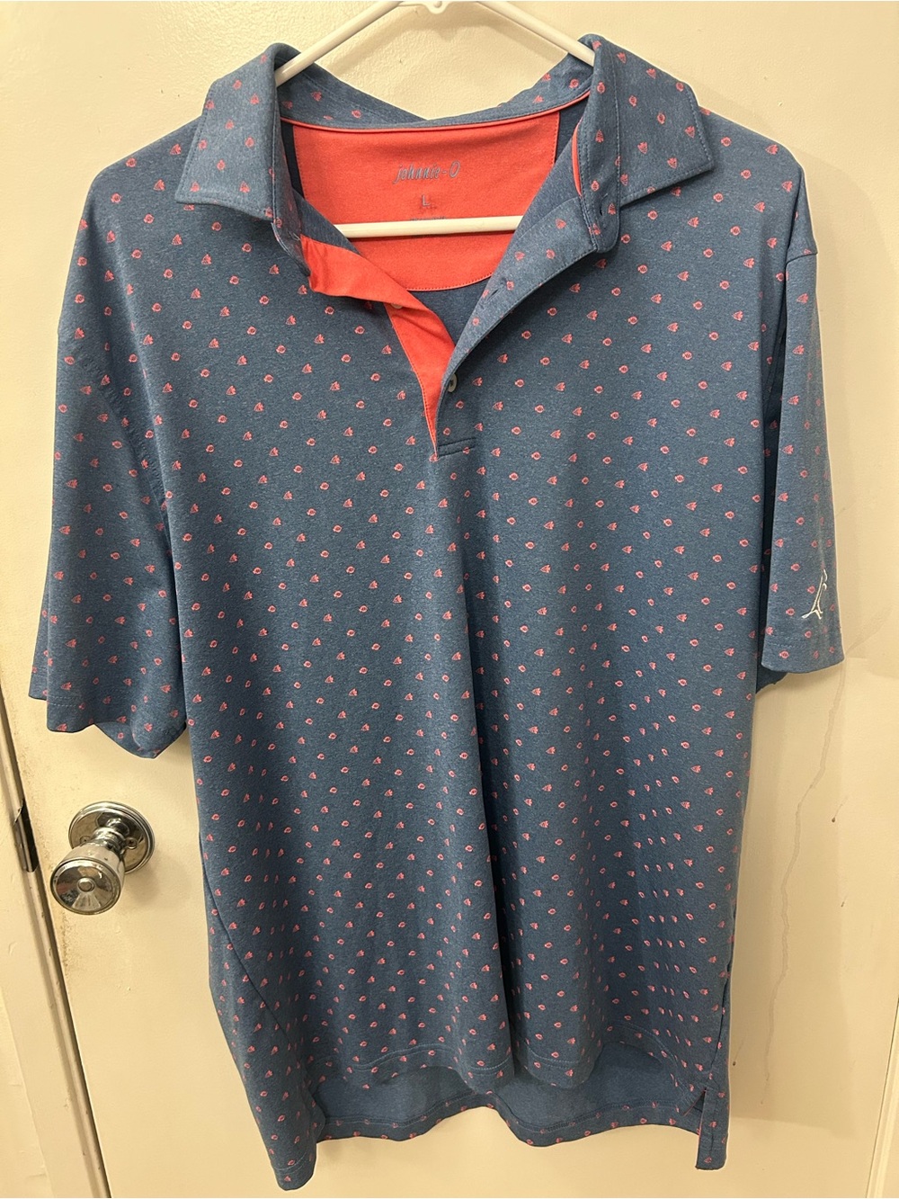 johnnie-O Blue Polo with Pink fish  Accents